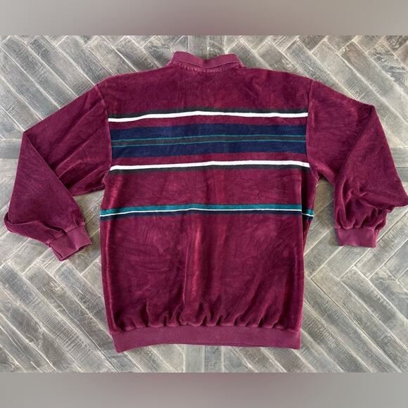 Vintage 80’s Christopher Hayes Velour Striped Maroon Polo Shirt | XL - Picture 4 of 7